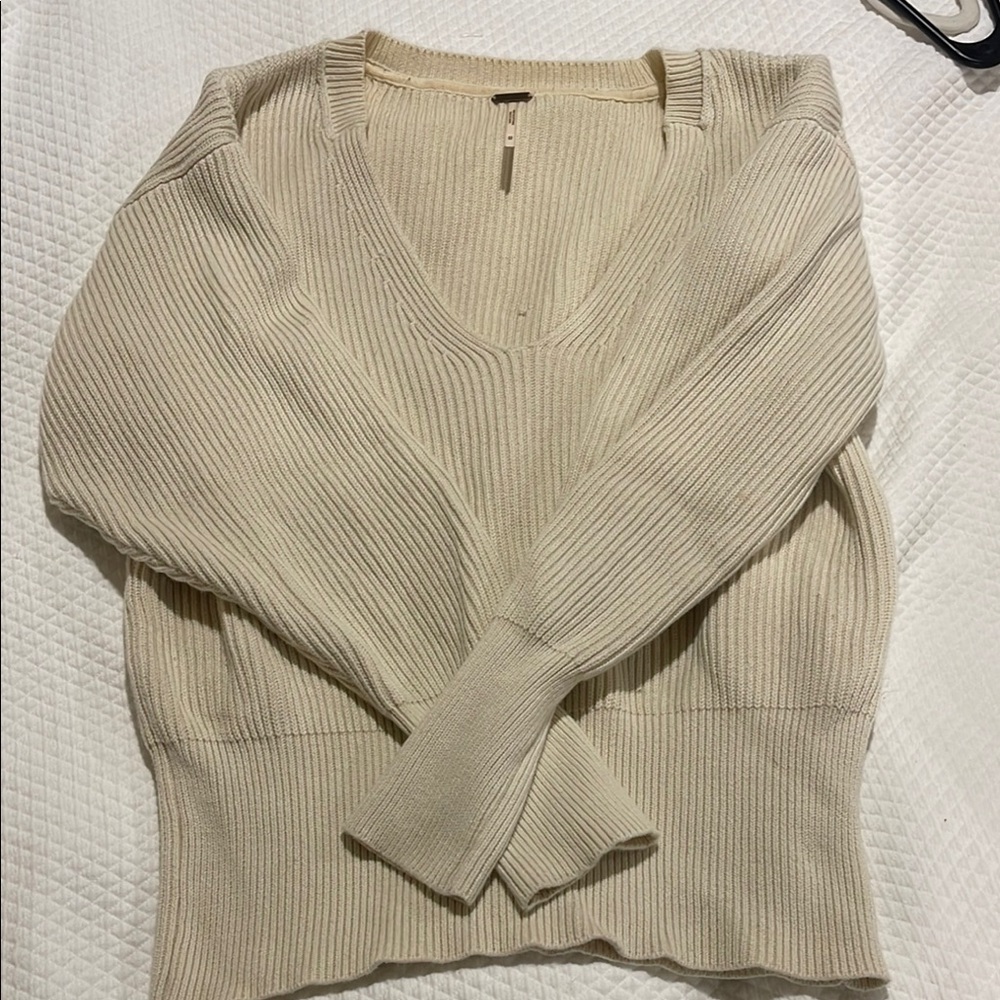 Free People Cream V-Neck Ribbed Sweater
